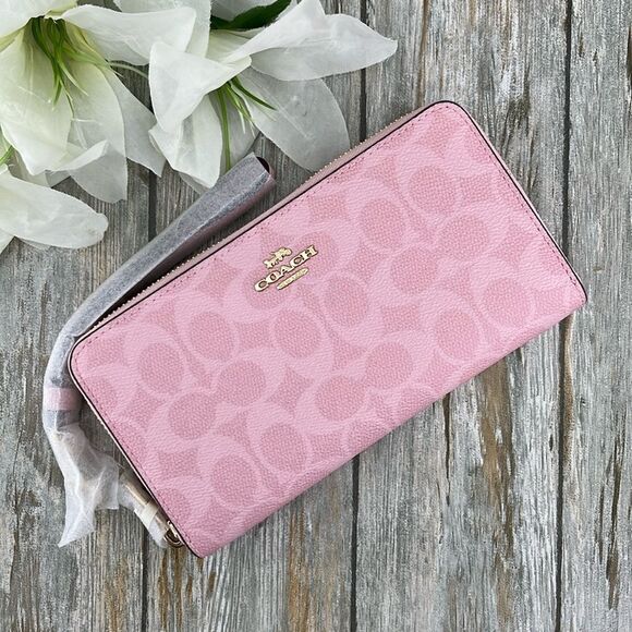 Coach Powder Pink Long Zip Around Wallet In Signature Canvas Bag Purse - Picture 1 of 7